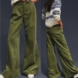 By Anthropologie Olive Green Corduroy Pants 26T Wide Leg 100% COTTON